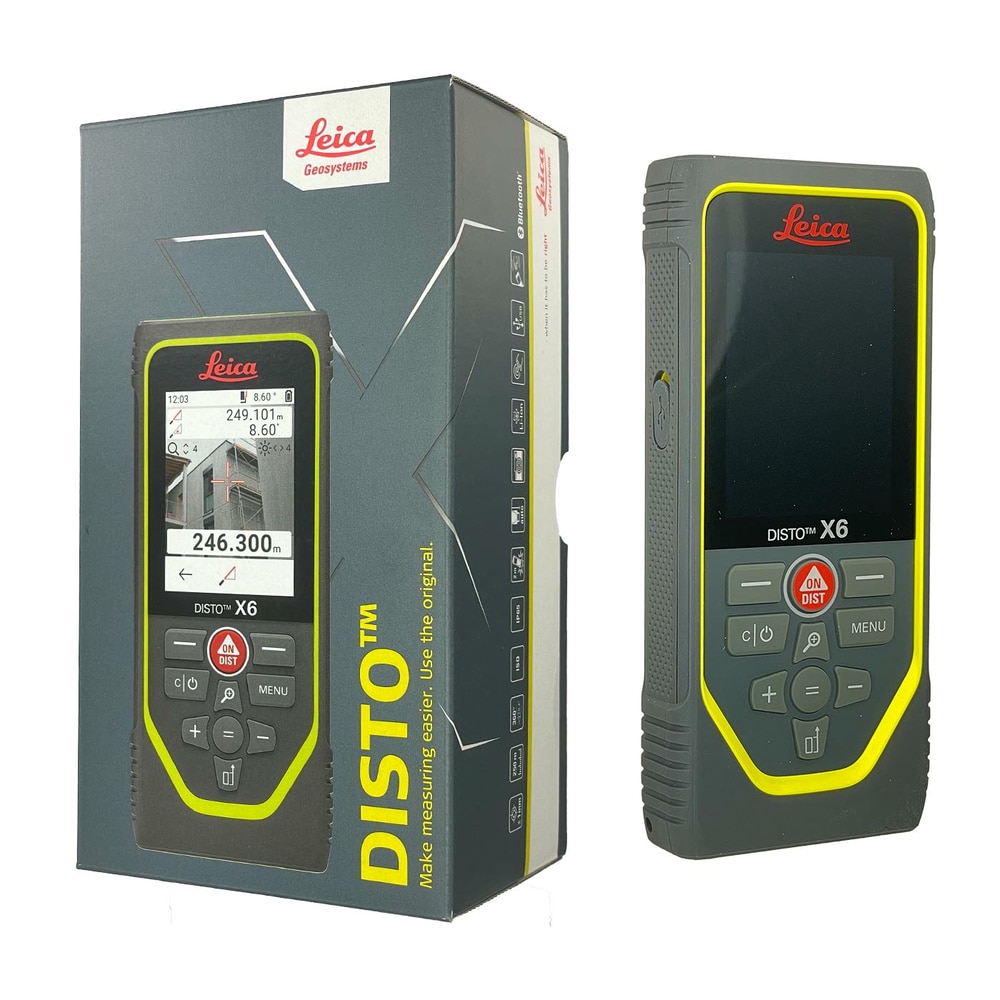 Leica Disto X6 Laser Rangefinder with Packaging, Grey Housing with Yellow Border and Display with Measurement Display, Manufacturer Leica Geosystems