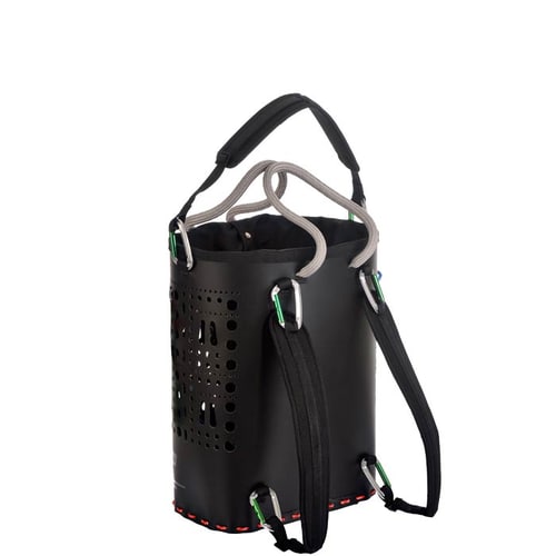 ropeBUCKET 50 black bucket with grey rope handles and black shoulder strap with green carabiners