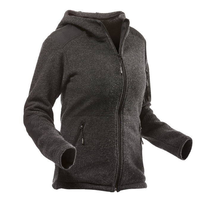 Wooltec Hooded Jacket Women anthracite with black shoulder and elbow patches, zipper and hood