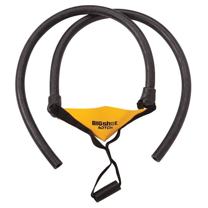 Big Shot rubber, black elastic band with yellow fabric part and black handle