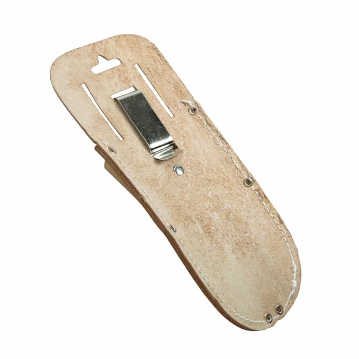 Tabor tool belt in light brown leather from the back with visible metal clip for attachment and white stitching