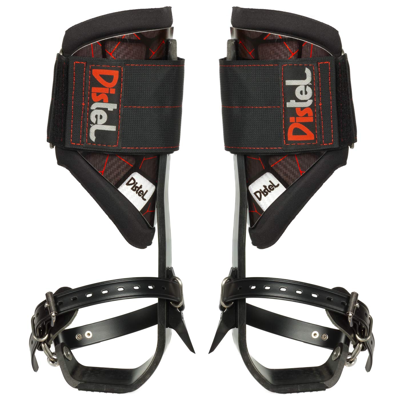 Distel Carbon 3.1 Classic by Distel, pair of black carbon rails with red stitching and large Velcro straps with Distel logo, foot straps with buckles