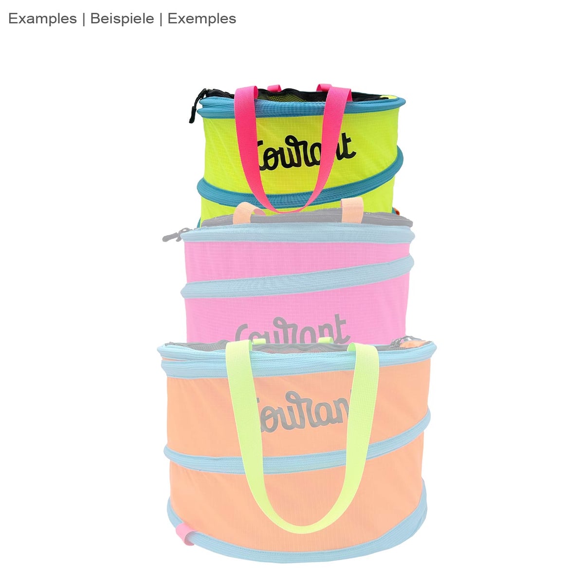 Three Pelican S bags in yellow, pink and orange with blue edges and differently colored carrying handles stacked