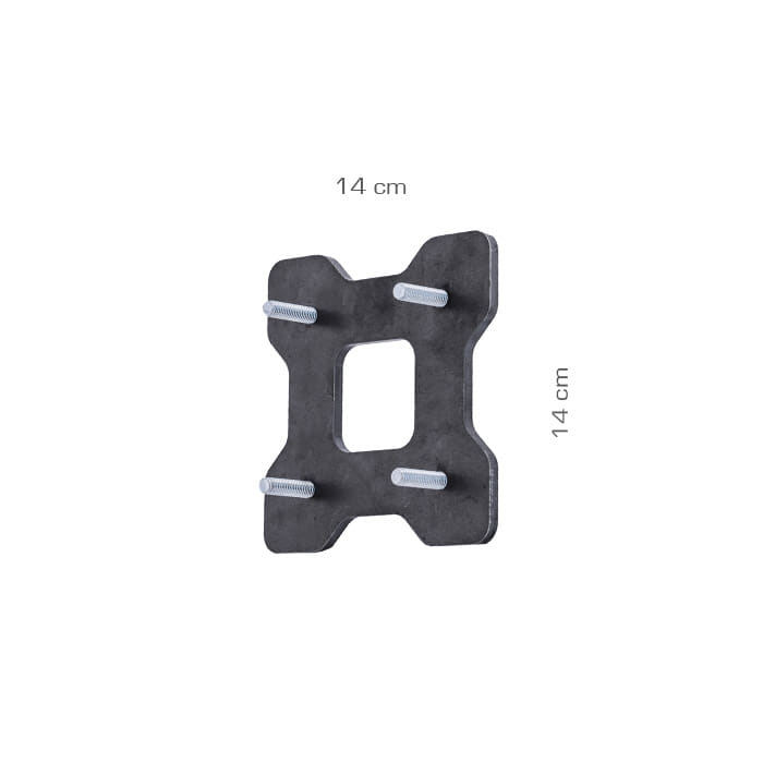 Mounting plate short, black square metal plate with four screws and a square cut-out in the middle, dimensions 14 cm x 14 cm