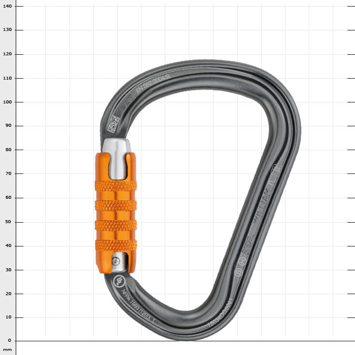 William Triact carabiner with grey body and orange closure mechanism