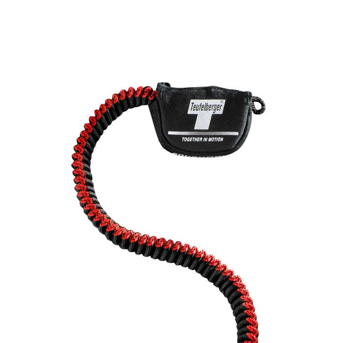 antiSHOCK Tool Lanyard Plus by Teufelberger, black bag with white Teufelberger logo and red-black elastic band