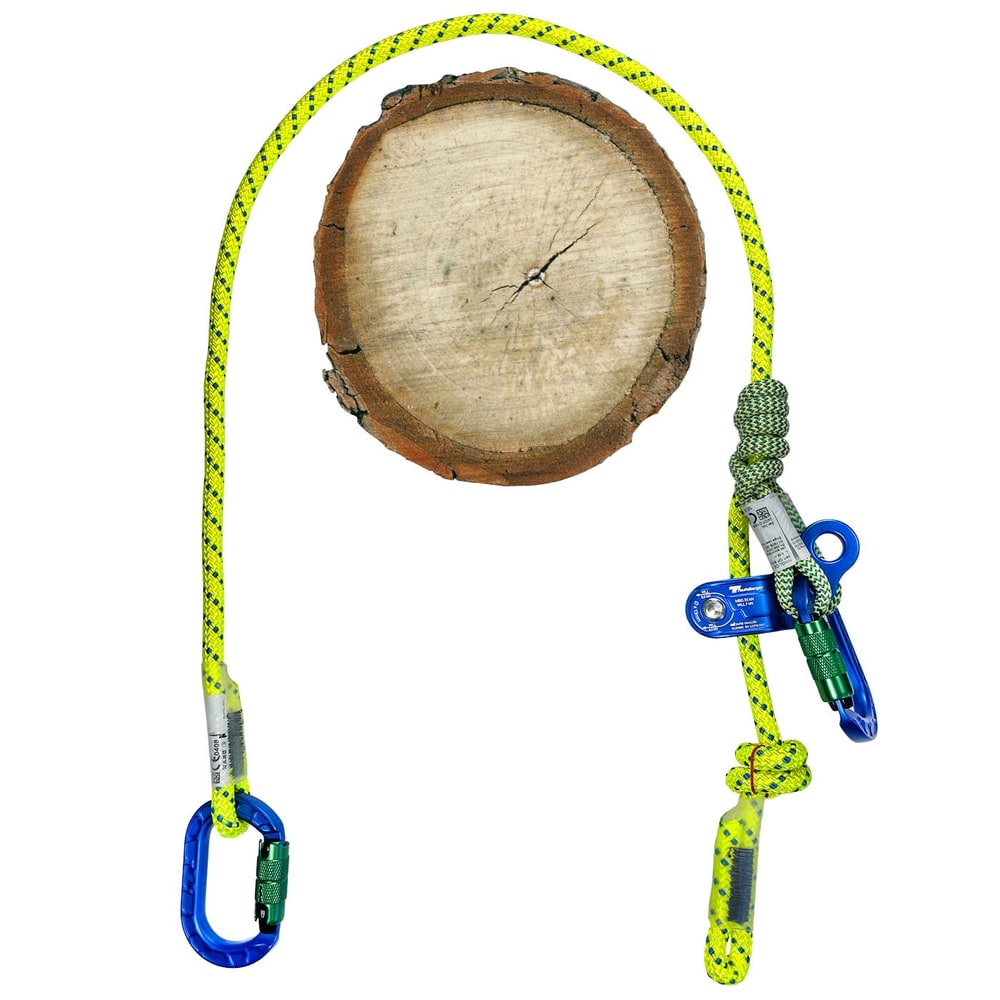 miniGLIDE rope with blue carabiner and blue pulley, yellow rope with green details, wooden disc in the background