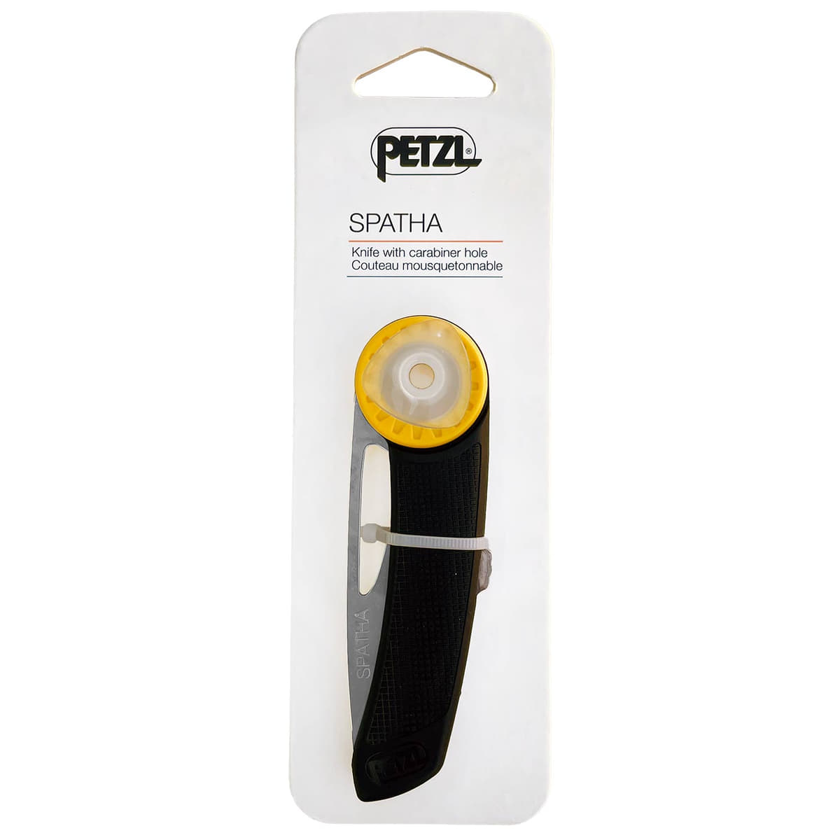 Petzl Spatha folding knife packed on white cardboard card with Petzl logo and product name "SPATHA"