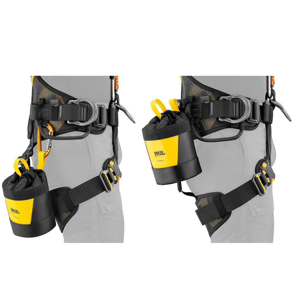 Toolbag 1.5 by Petzl, yellow and black bag attached to the climbing harness, visible on the left and right at the base of the body