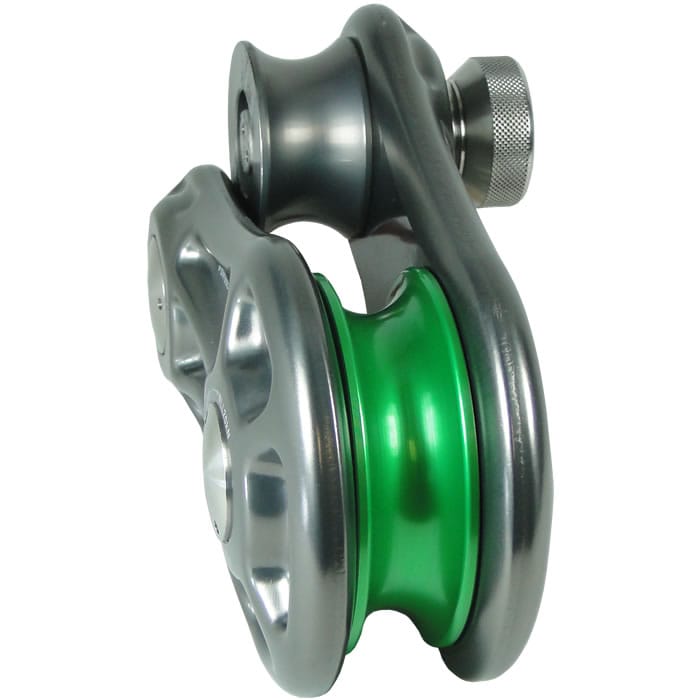Impact Block S, grey metal with green rope wheel, side view with fluted metal knob