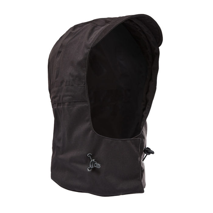 Ventura hood in black, freestanding photographed with adjustable drawstrings at the front