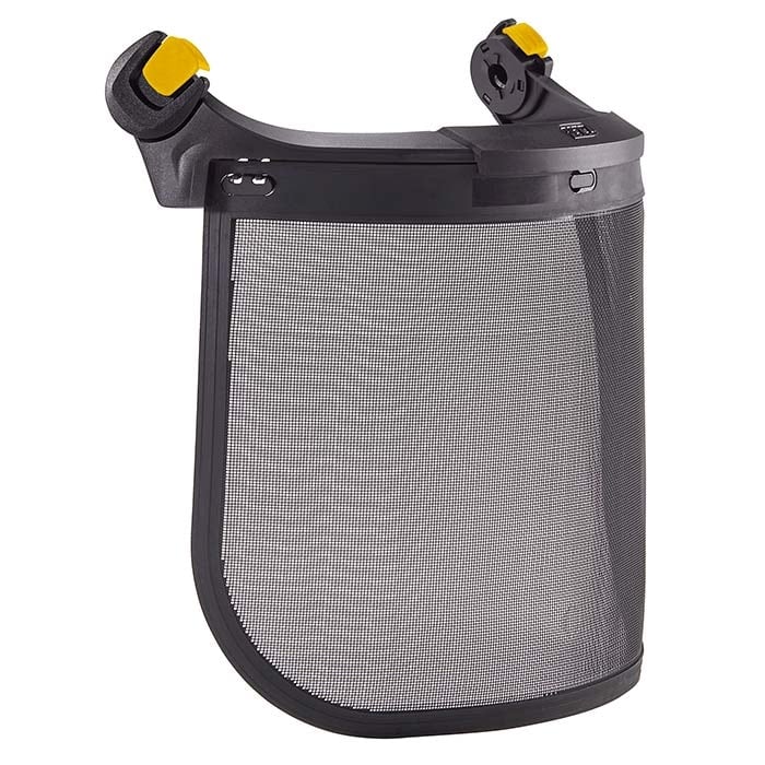 Vizen mesh face shield with black frame and mesh, two yellow locking elements on the top left and right of the frame