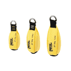 Three yellow Petzl Jet chalk bags in different sizes with black band and metal ring, labeled with weight in grams and ounces, model Jet