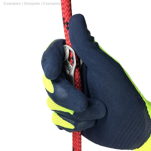 Hand with blue and yellow glove holding a red rope with a silver metal part with the inscription "RINGO" from another perspective