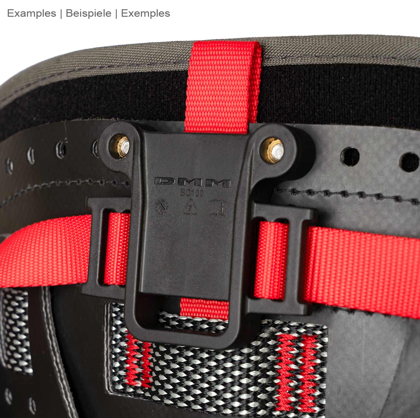 Caiman by DMM, red ribbon with black plastic holder on black belt with red stitching