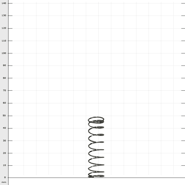 ARS VS spring, a spiral metal spring, visible on a checkered background with units of measurement in millimeters