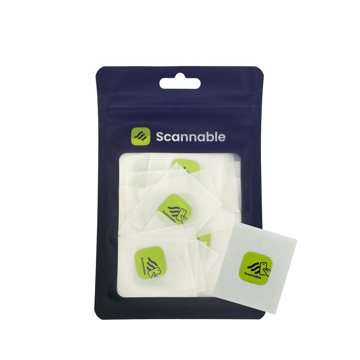 Packaging with several green on-metal stickers NFC tags from Scannable, individual stickers visible in white protective film