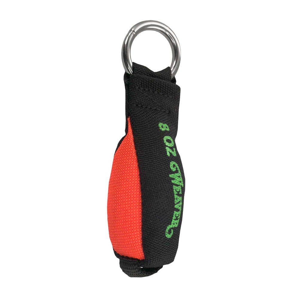 Bullet, weight 8 OZ, black and red with green text and metal ring on top, side view