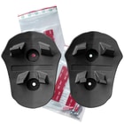Toolprotect helmet holder, two black plastic parts with mounting holes and retaining hooks, plus screws, dowels and adhesive strips in plastic bags