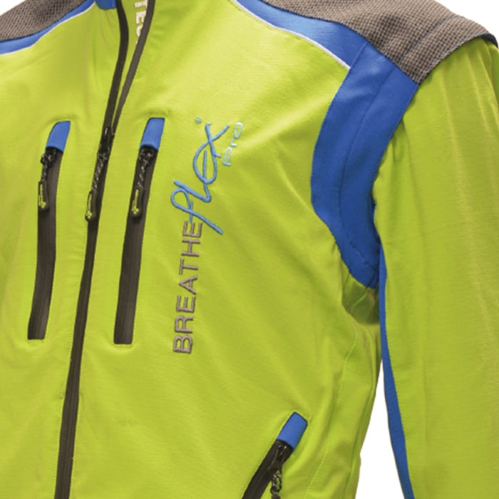 Close-up of the Breatheflex Pro Jacket in green with blue accents, zippers and lettering visible