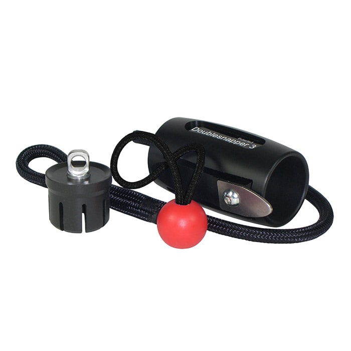 Black DoubleSnapper 3 with red ball and black cord, product name visible on the housing