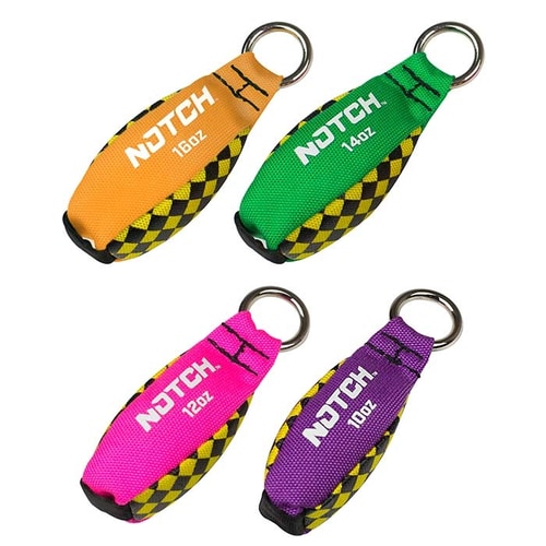 Throw Weight of Notch, four different weight values in orange (16oz), green (14oz), pink (12oz) and purple (10oz) with metallic ring