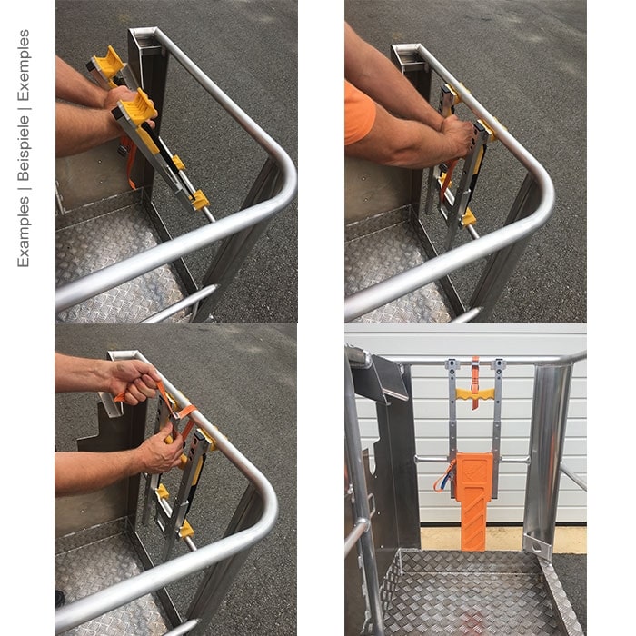 Four photos showing the installation of the Work Cage Premium attachment adapter on a metal railing, with hands attaching the adapter, orange strap and orange tool holder, manufacturer not visible