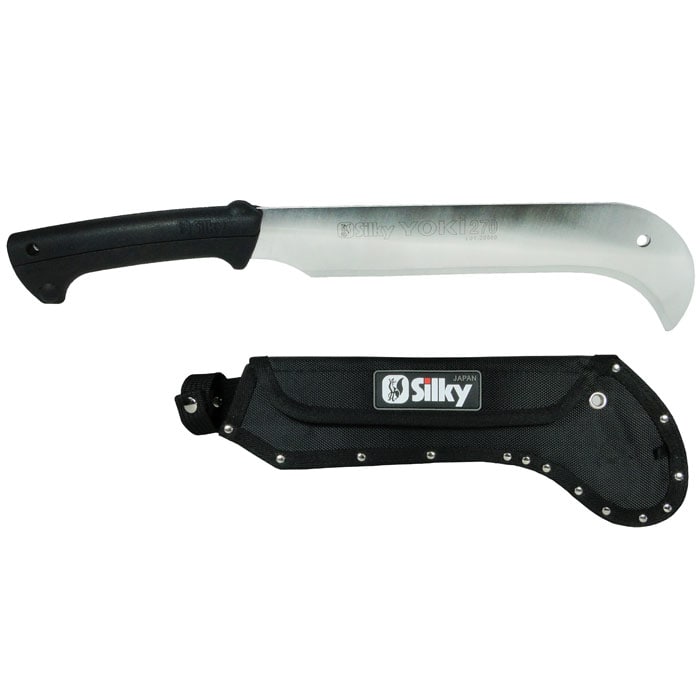 Yoki Machete 270 by Silky with black handle and silver blade, plus black sheath with Silky logo
