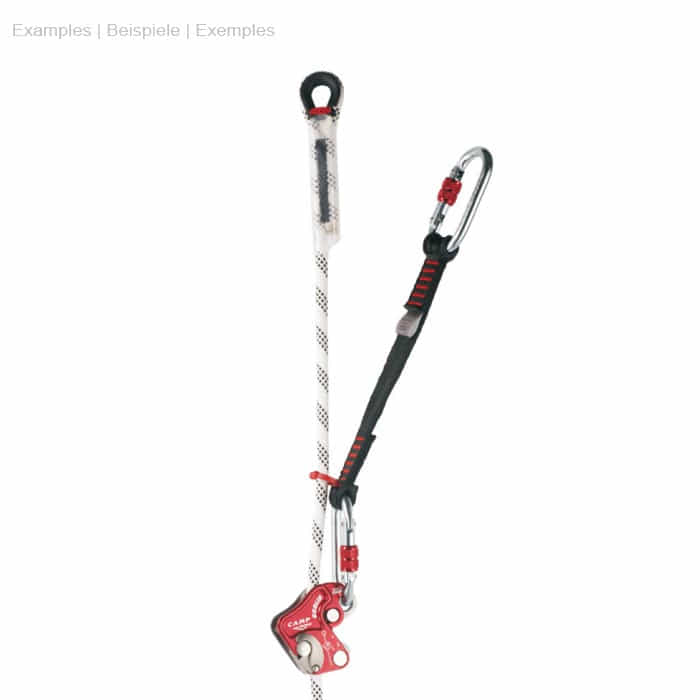 Goblin Lanyard 26, Full Climbing Set with Black Ribbon, Red Plastic Hook, Aluminum Carabiner and Red Climbing Gear on White Rope