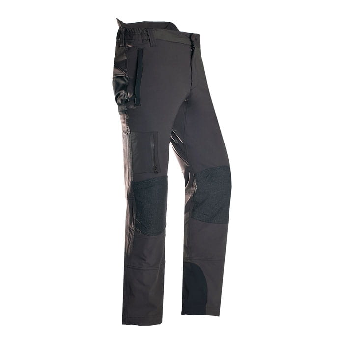 SIP climbing pants, black pants with reinforced knee areas and several pockets, one of them with zipper on the side