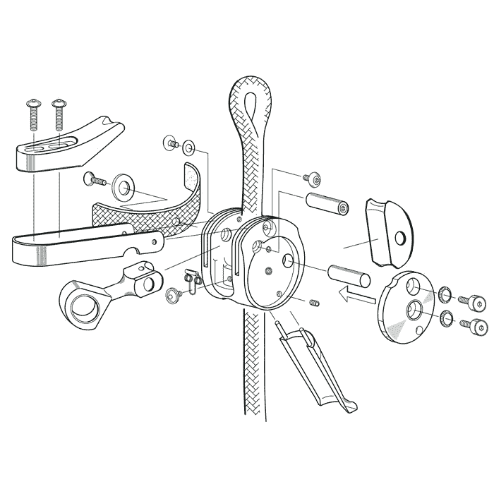 SpiderJack 2.1 Basic by ART, technical drawing in black and white, exploded view of the individual parts and assembly on a rope