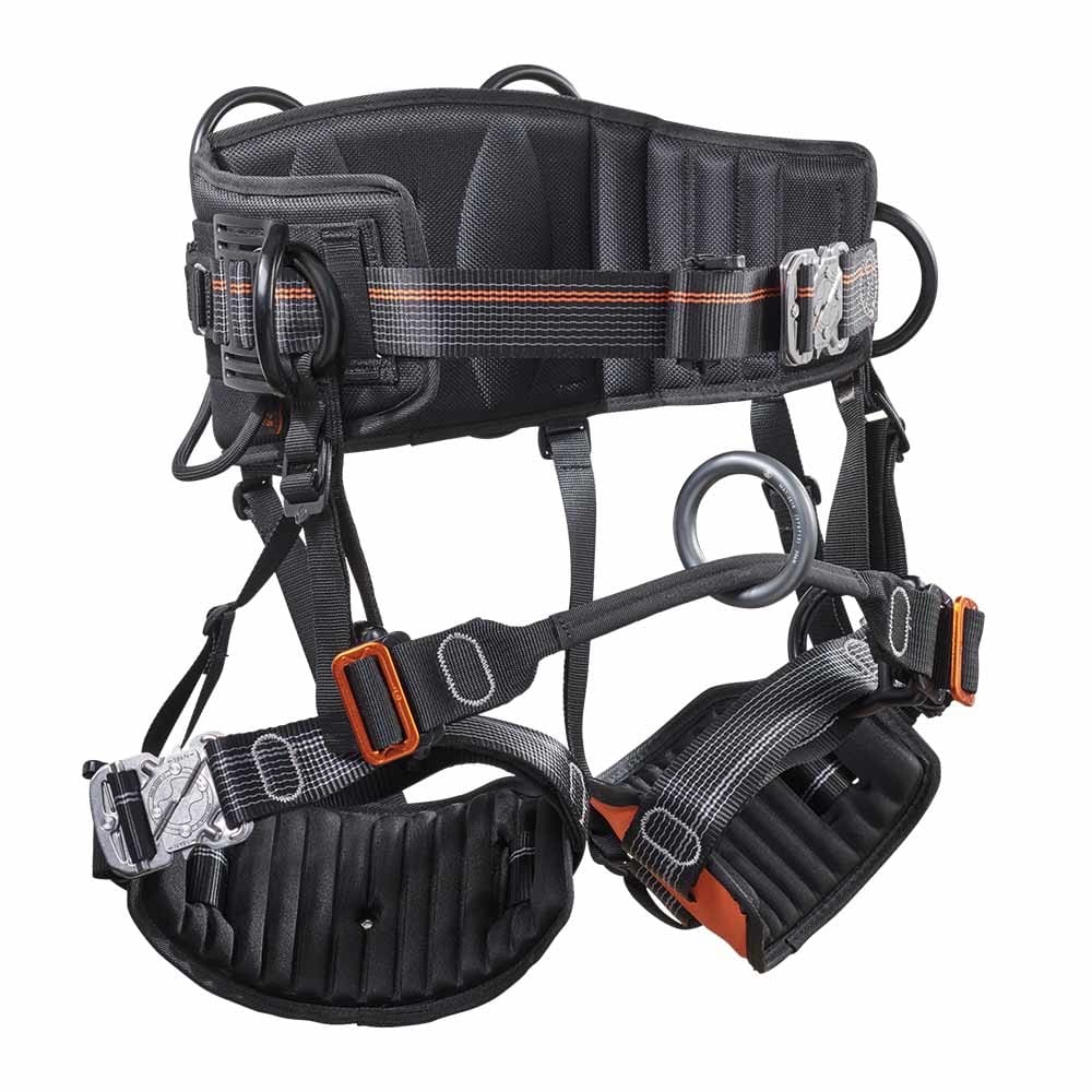 Ignite Arb climbing harness in black with orange details, padded waist belt and leg loops, metal clasps and multiple fastening rings
