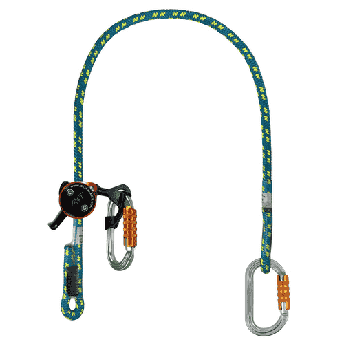 XP-e First Class Set via ferrata set with blue and yellow patterned rope and two carabiners, one carabiner with orange closure and a black belay device