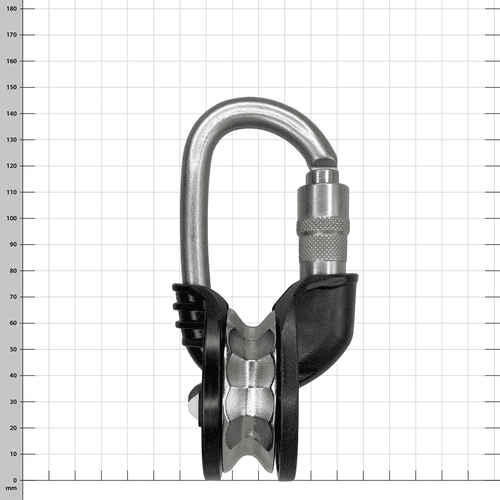 Snatchet 65 Ratchet by Harken with silver carabiner and black plastic housing, side view