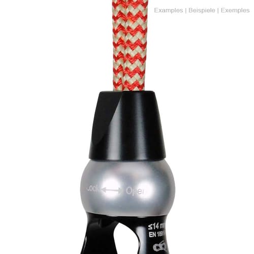 Cocoon Cone Rope, black conical plastic cone attached to the end of a red and white rope, product name visible