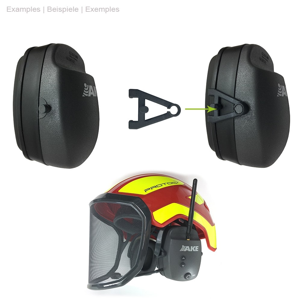 ECC / PROTOS® adapter made of black plastic between two black AKE earmuffs and a red PROTOS® helmet with yellow stripes, the adapter is attached to an earmuff