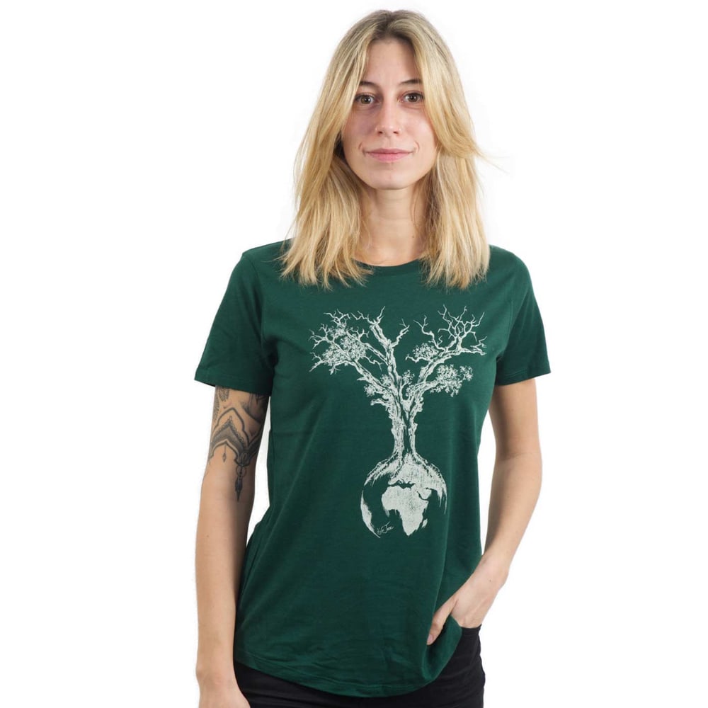 Weltenbaum Women T-Shirt in dark green with white tree and globe print, model worn by woman with blonde hair and tattoo on her left arm