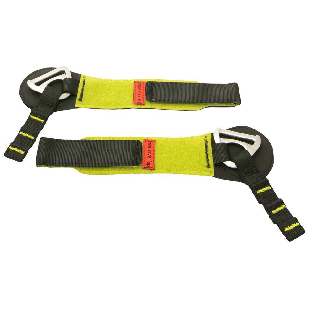 Talon Lower Binding, two yellow and black straps with metal D-rings and red patches with the inscription "min. overlap".