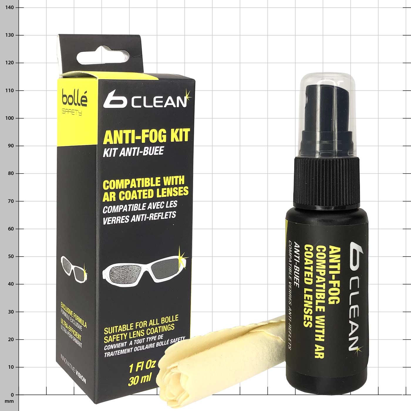 Anti-fog kit B300 from bolle, black packaging with yellow accents and text, next to it a small black spray bottle with transparent lid and yellow text and a rolled up yellow cleaning cloth.