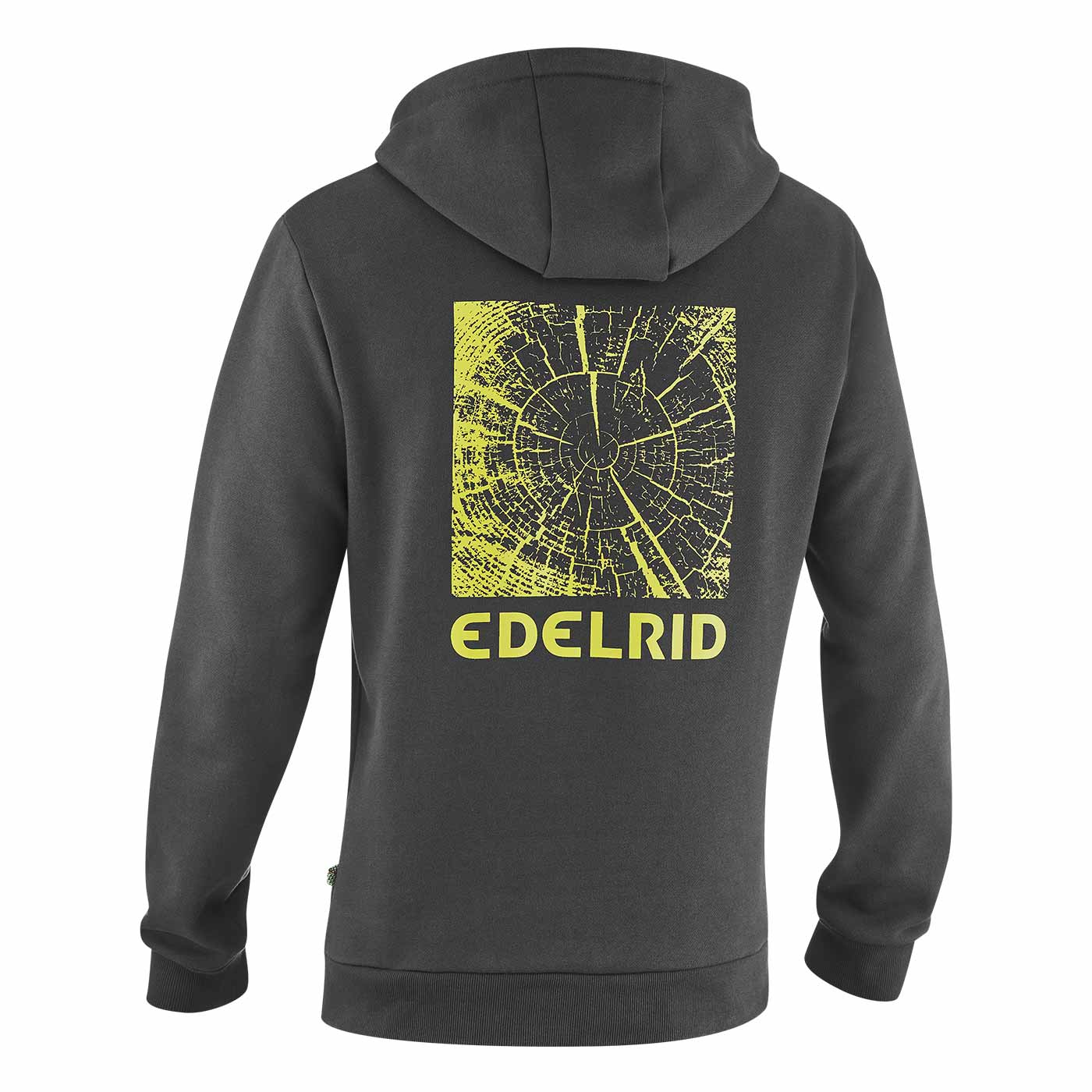 Grounder Hoodie in dark grey with hood shows back with large yellow tree trunk print and lettering EDELRID