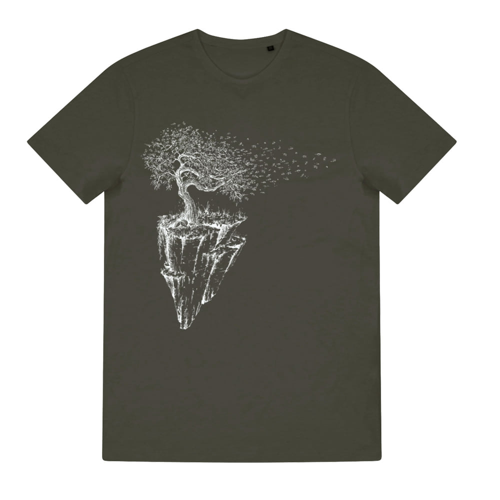 Iceland T-shirt in olive green with white print of a tree on a floating rocky island