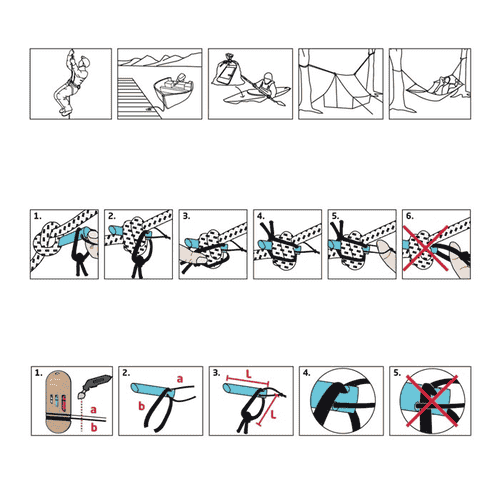 Rope Pin Set with instructions in black and white and colored illustrations on how to use the pins