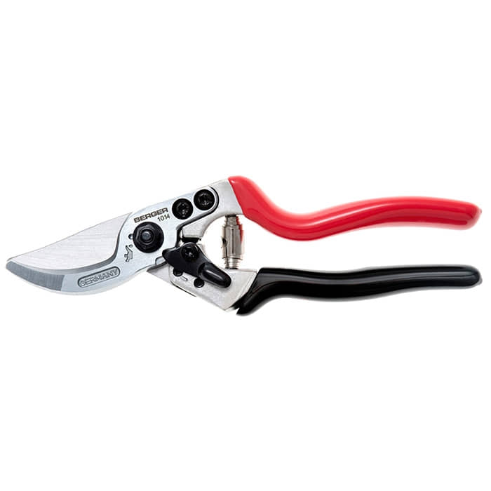 Berger 1014 secateurs with red and black handle and silver blade, manufacturer name Berger and model number 1014 visible
