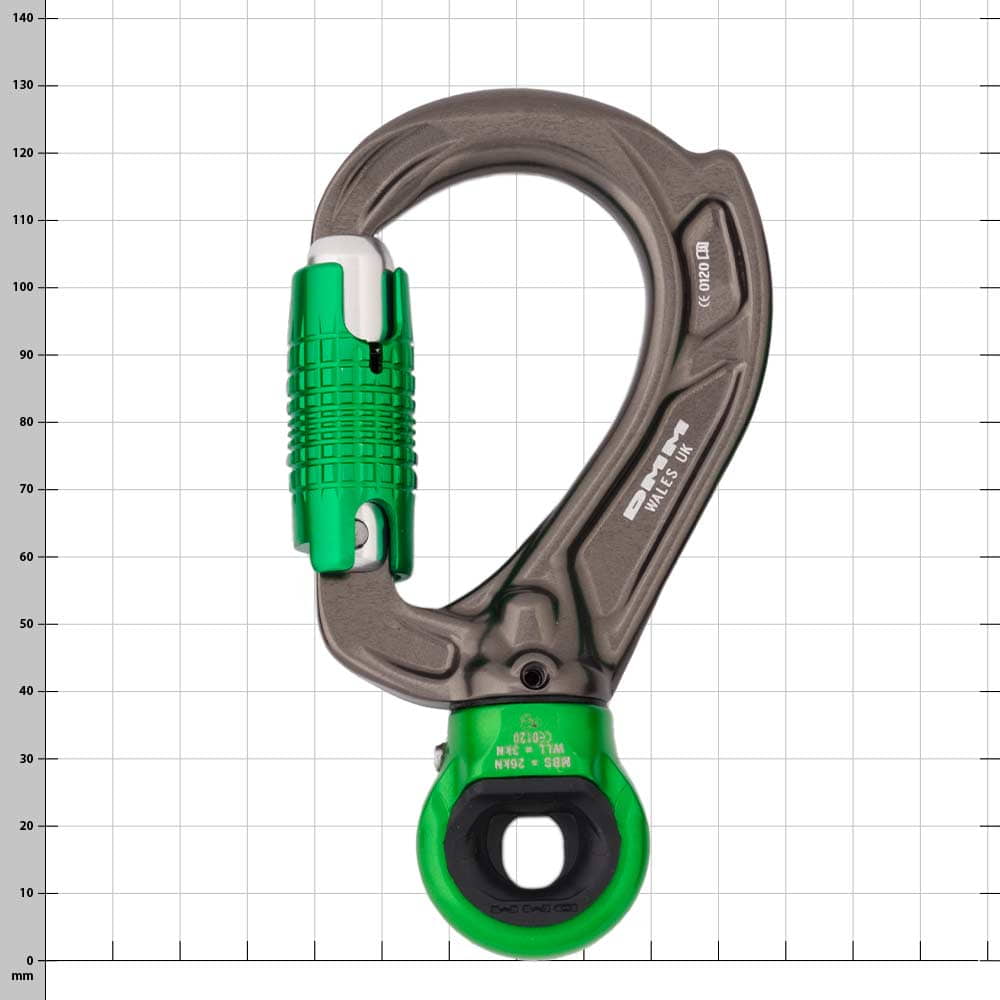 Director Swivel Eye Snap Hook with Green Clasp and Grey Metal Body That Says "DMM WALES UK"