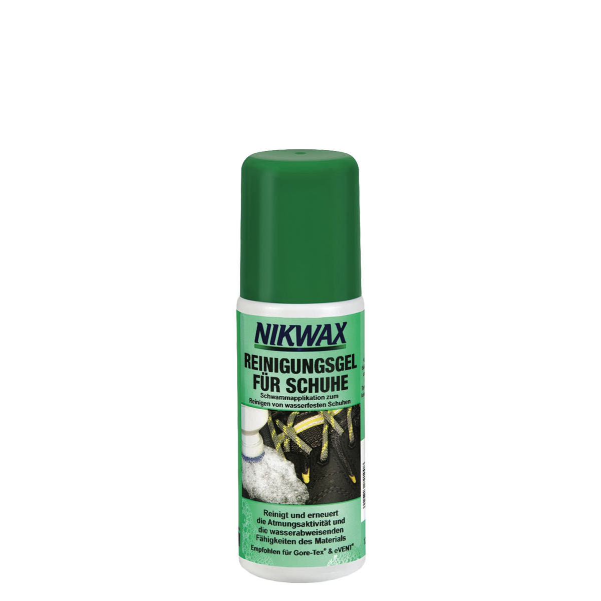 Nikwax Shoe Cleaning Gel with green lid and green label showing a shoe with foam and text to clean and renew breathability and water repellent properties