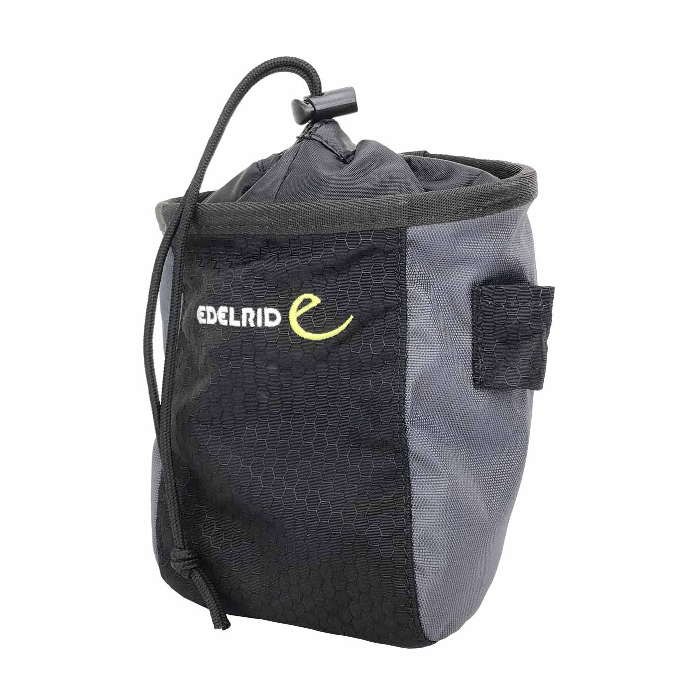 A single black and grey storage bag of the Edelrid Minilift with drawstring and Edelrid logo