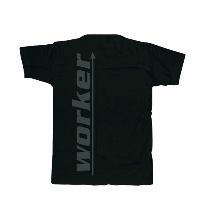 Black T-shirt with grey vertical lettering "worker" on the back, product name Tree Frog