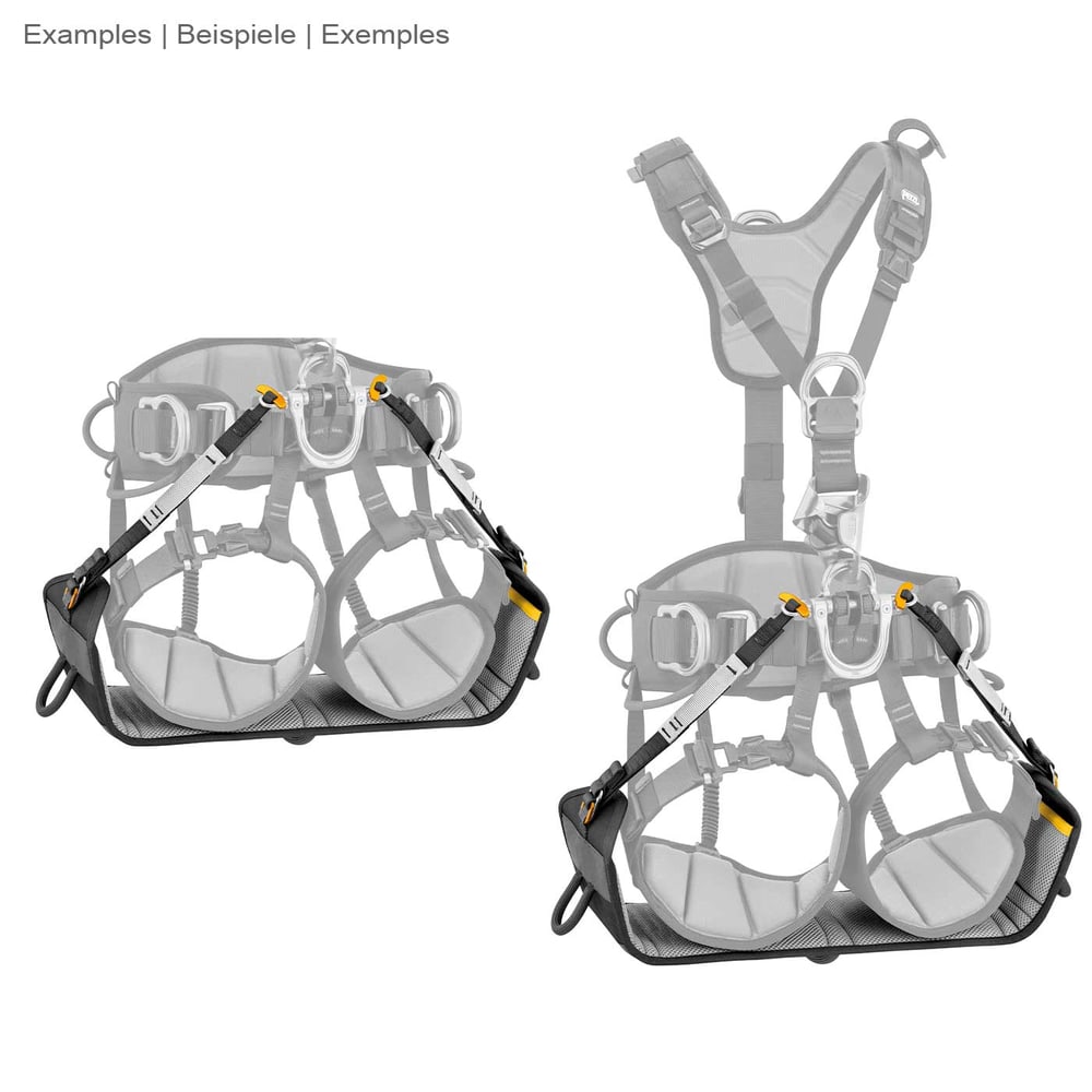 Petzl podium, two grey upholstered seats with black and yellow straps, mounted on a grey harness