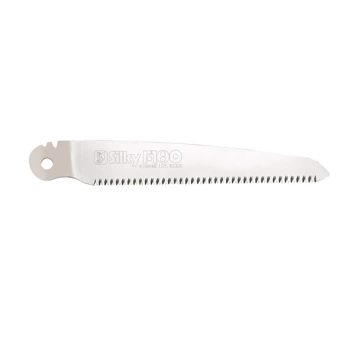 Silky F180-14 saw blade, silver metal blade with fine teeth and hole at the end of the handle