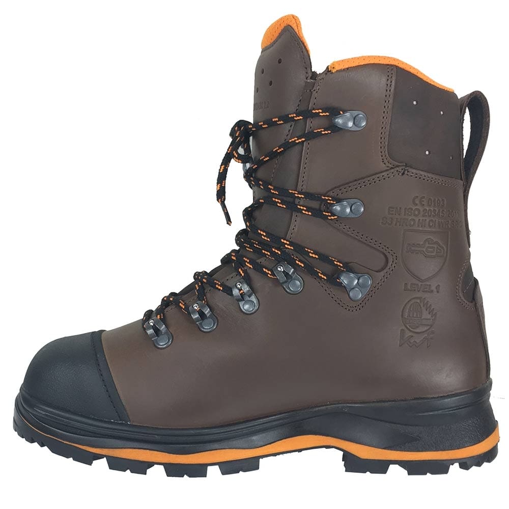 Trekker Mountain 2.0 brown mountain boot side view with black and orange laces, black sole and orange lining, manufacturer's name not visible
